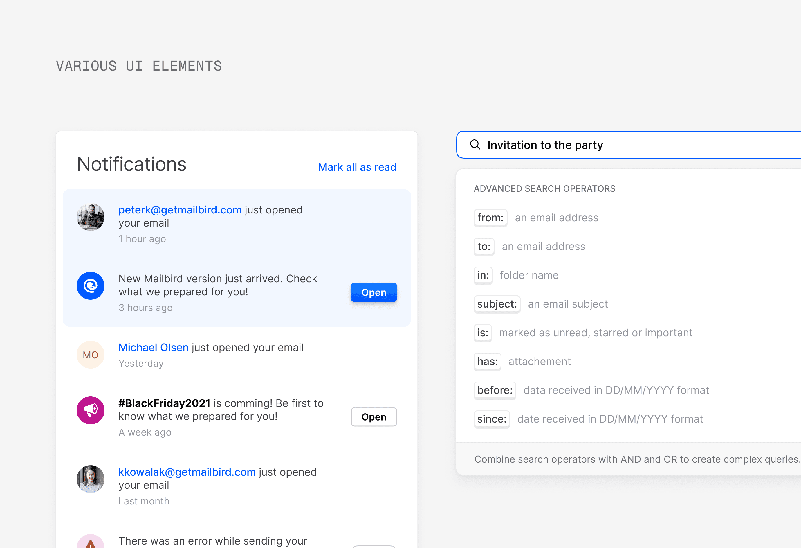 Notifications overlay and advanced search mockups