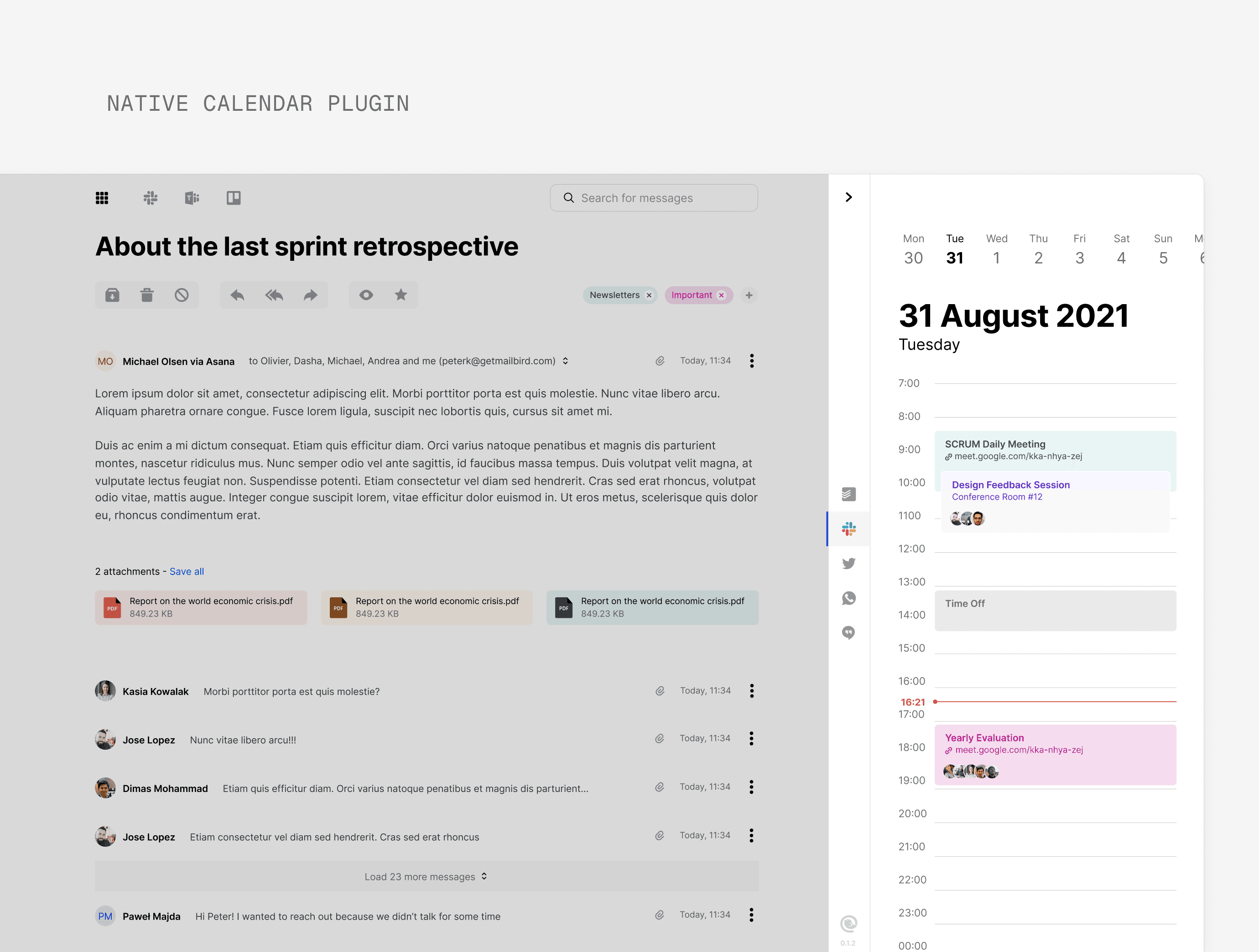 Third party calendar opened inside Mailbird