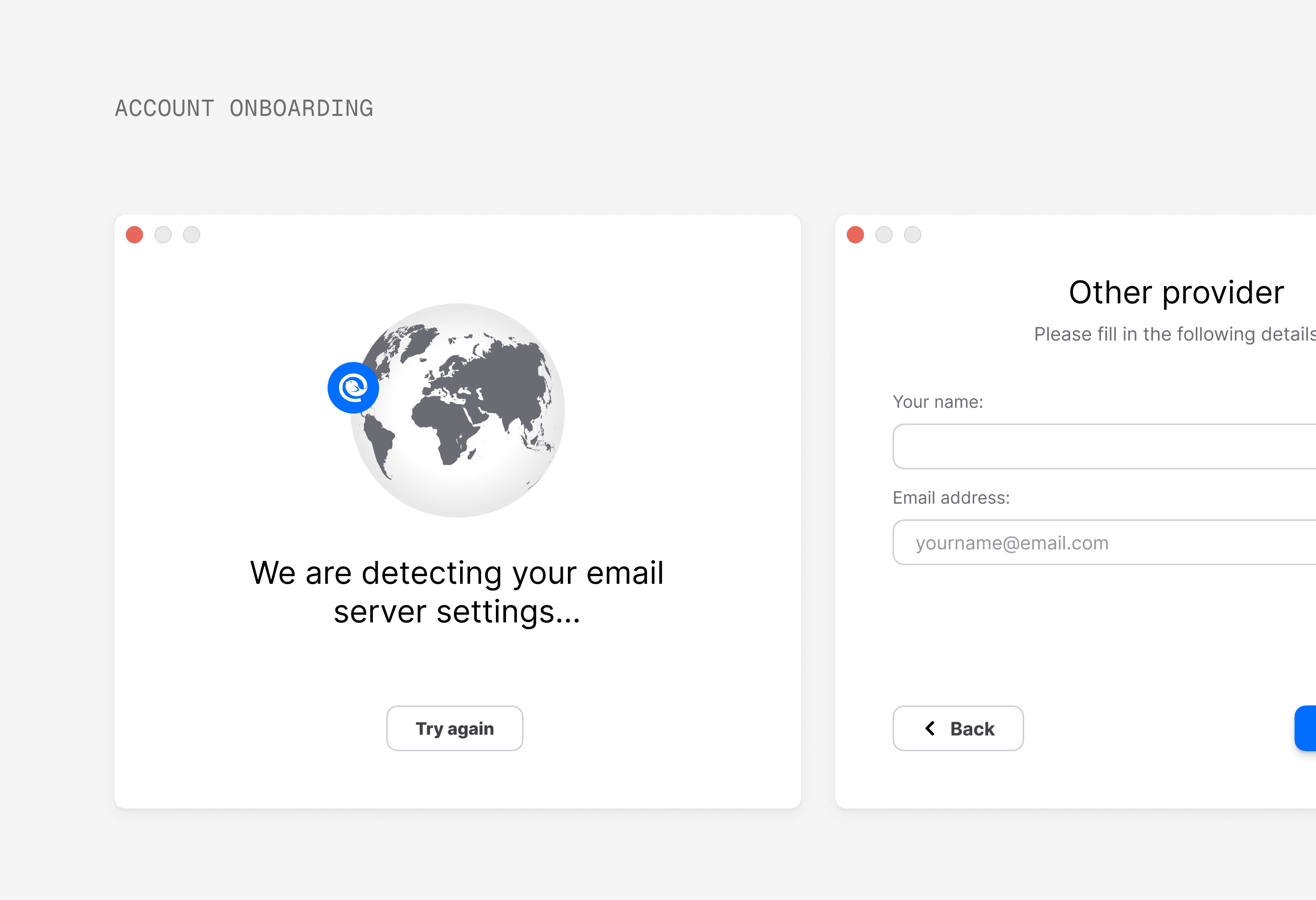 Screens presenting a process of adding new account to Mailbird
