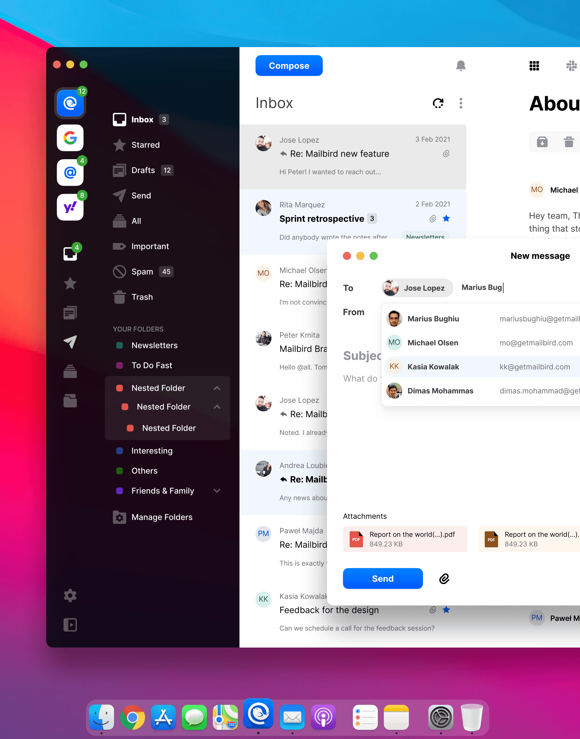 A desktop from a Mac comptuter with Mailbird application presented